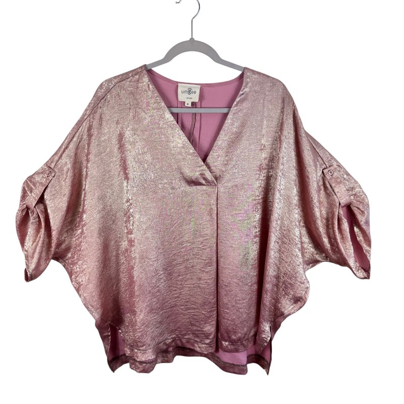 Umgee Women’s Medium Pink Metallic Shine V Neck Dolman Sleeve Blouse Glam Party