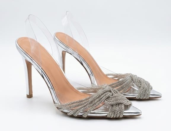 Clear Rhinestone Slingback Heels Silver Crystal Pumps Wedding Party Shoes Size 8
