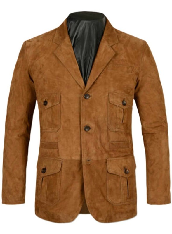 Men’s Soft Caramel Brown Suede Leather Blazer Classic Look Button Jacket