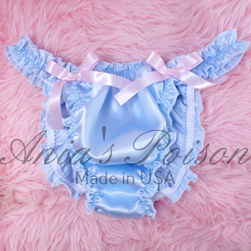 Sissy Satin Ruffled Panties for MEN – Baby BLUE shiny wetlook string bikini S-2X