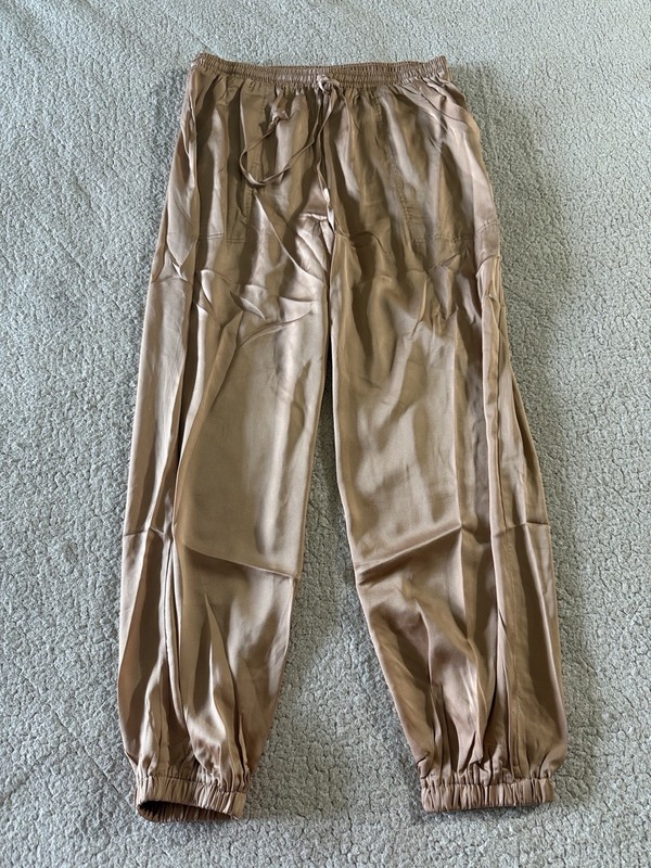 MAVERICK The Collection Tan Beige Pull On Jogger Pants L Elastic Waist Satin Tie