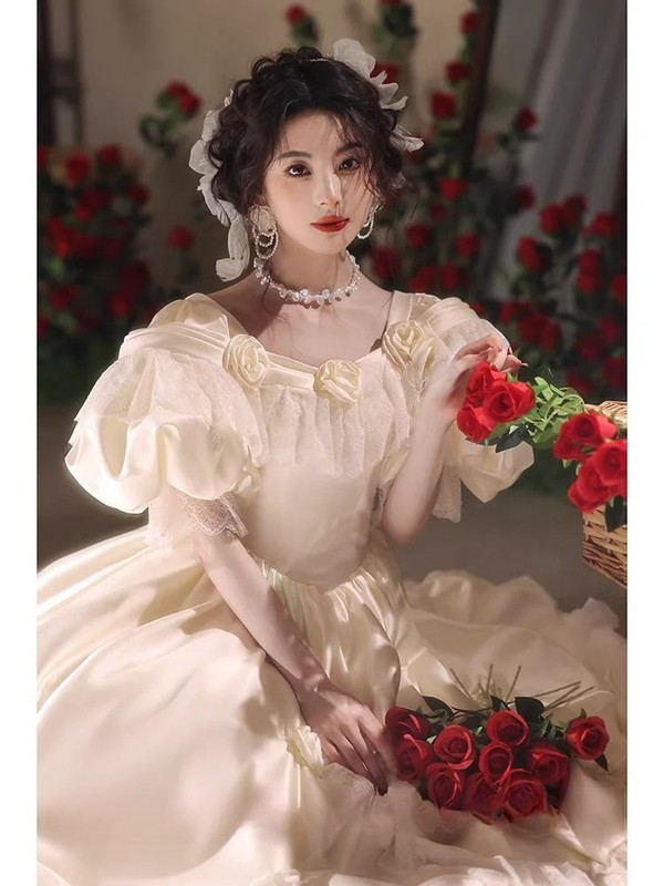 Classic Satin Wedding Dresses Customized Ruffles Puff Sleeves Lace Bridal Gowns gallery