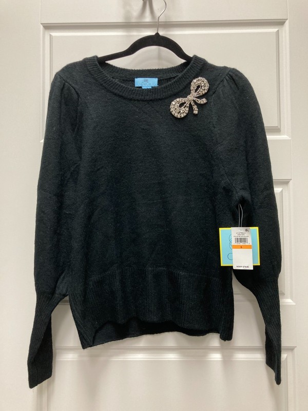 Cece Women’s Rhinestone Bow Appliqué Sweater in Grey/Black