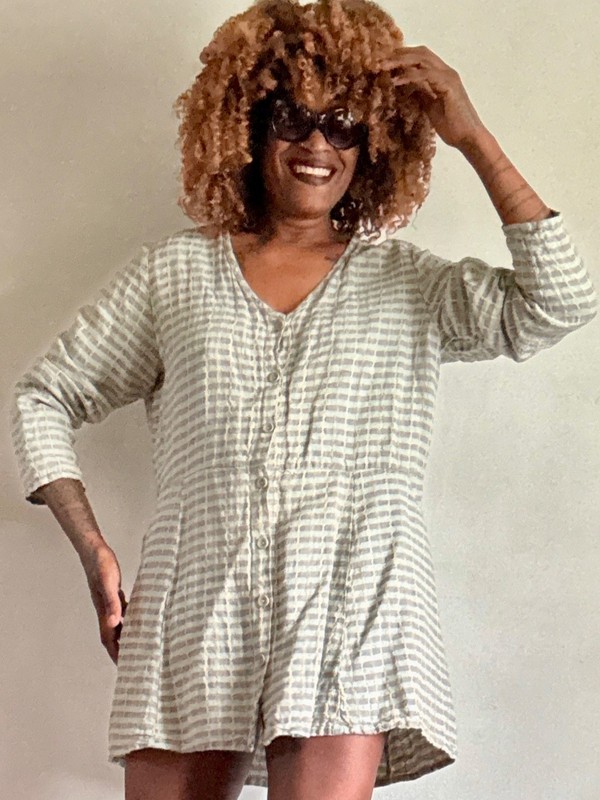 FLEX BLUE MULTICOLOURED LONG SLEEVES SHORT LINEN DRESS BLOUSE TOP SIZE: MED