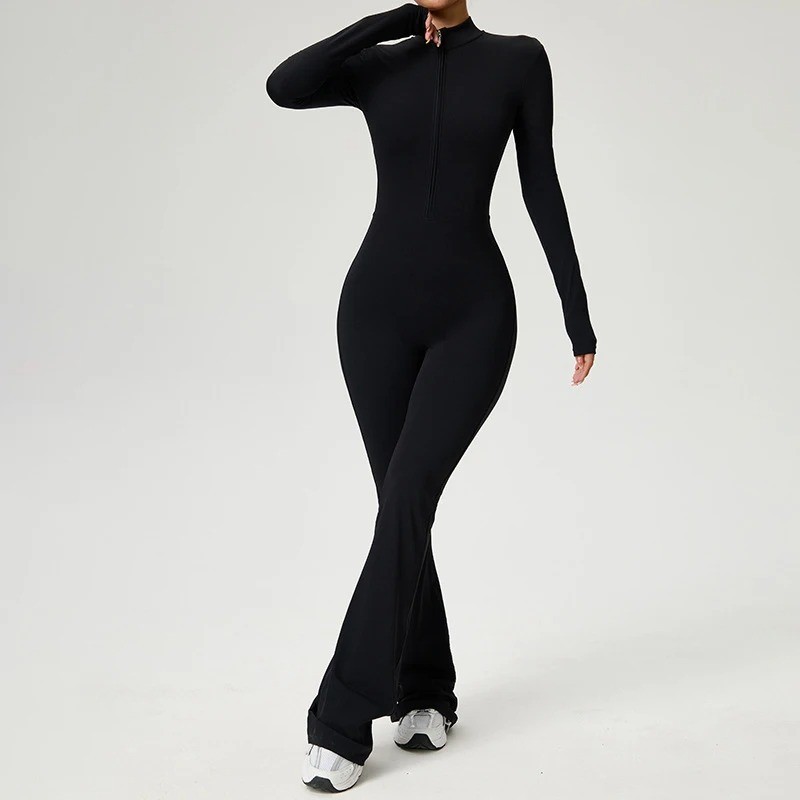 Women’s Fitness Jumpsuit Long Sleeve Zipper Yoga Bodysuit High Waist Gym Workout