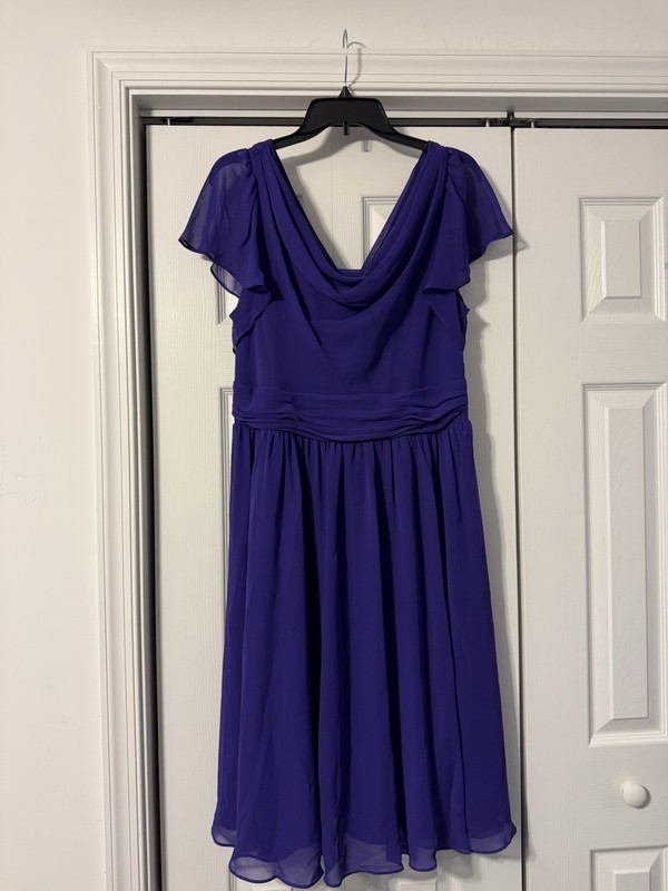 Purple Chiffon A-Line V-Neck Flutter Sleeve Knee Length Dress S Lined