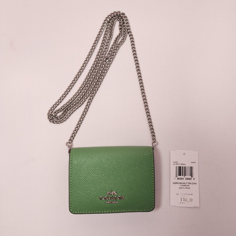 NWTCoach C0059 Mini Wallet On a Chain Soft Green Metallic Crossgrain Leather