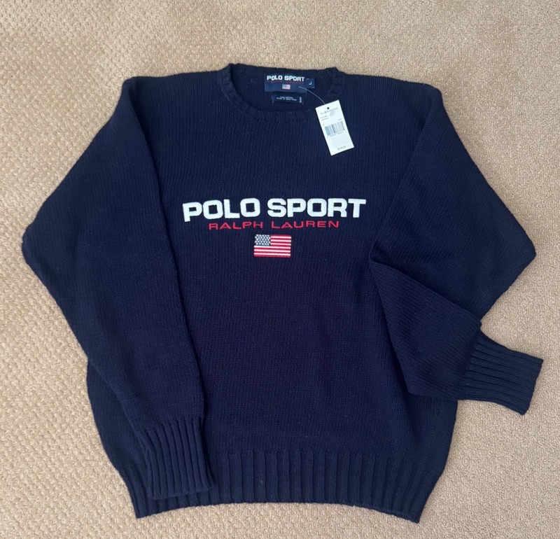 Vtg 90s Polo Sport Ralph Lauren American Flag Knit Crewneck Sweater