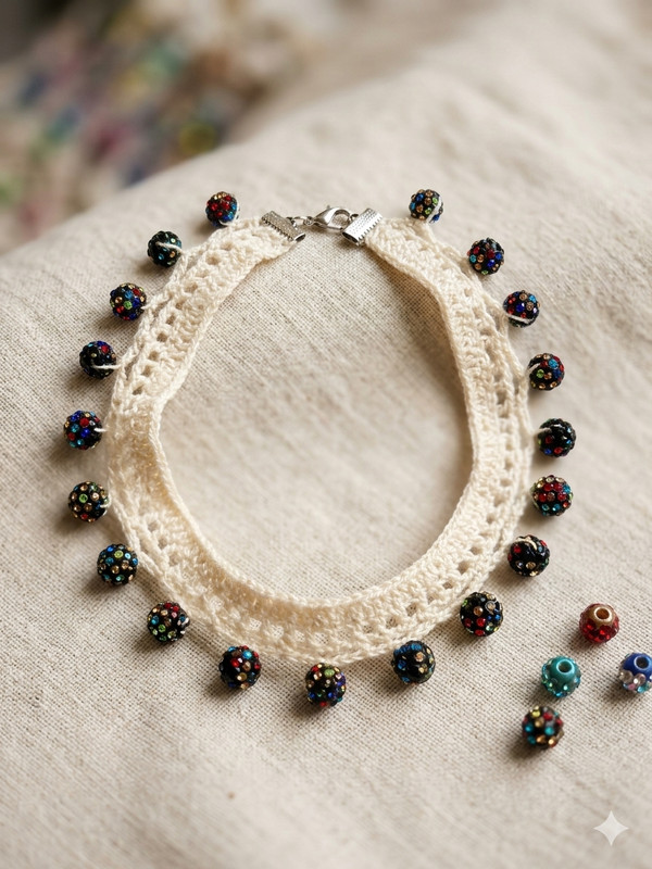 Handmade Crochet Choker Necklace Vintage Boho Cream Collar Colorful Crystal Bead