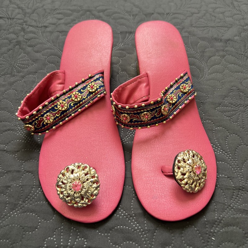 Exclusive Ethnic Fuchsia Handcrafted Bejeweled Sandals SZ 9 Made in Pakistan gallery