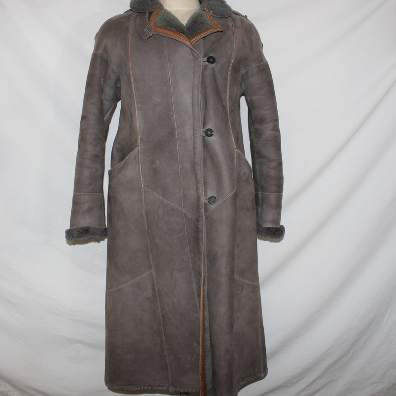 Vtg Turkis Tukku Womens L Long Shearling Coat Gray Suede Fur Trim Penny Lane