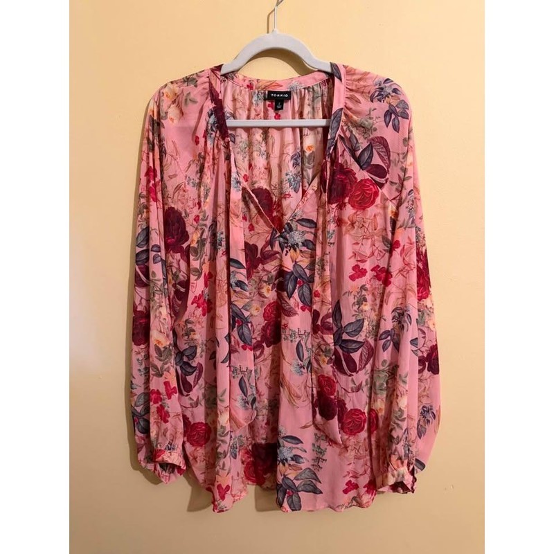 Torrid Pink Floral Georgette Tie Neck Blouse Long Sleeve Top Womens Plus Size 2
