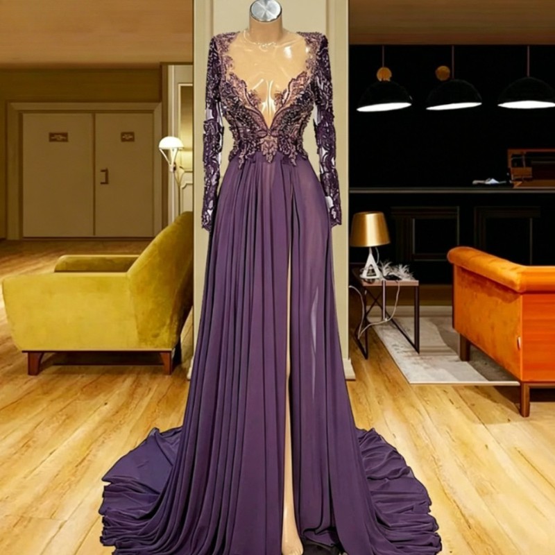 Deep V Neck Lace Appliques Prom Gown Side Split Long Sleeve Evening Dress Custom