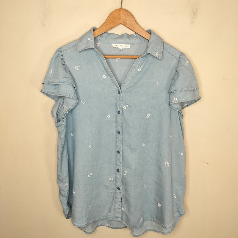 Jane + Delancey Floral Embroidered Chambray Shirt 1X Plus Womens Short Sleeve