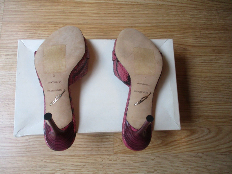 $295 Brian Atwood Maritima Snake Print Sandals Mules Pink Buckle Heels sz 8 NEW gallery