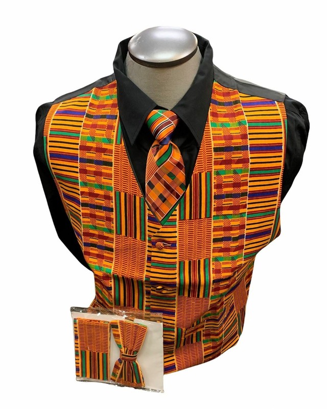 Kente African Print Vest with tie hanky and bow tie