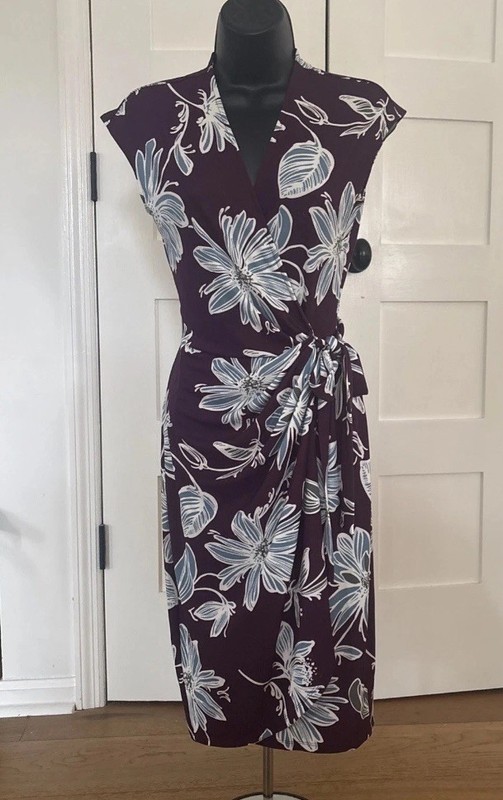 Lark & Ro Wrap Dress Side Tie Cap Sleeve Purple Blue Floral Women’s Size XS