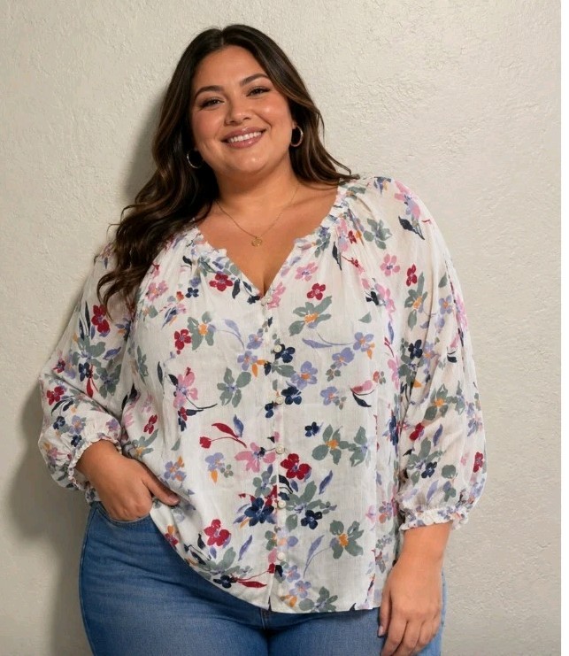 STYLE & CO Floral Shitake Print Ruffled Button Down TOP, Plus Size 4X NWT