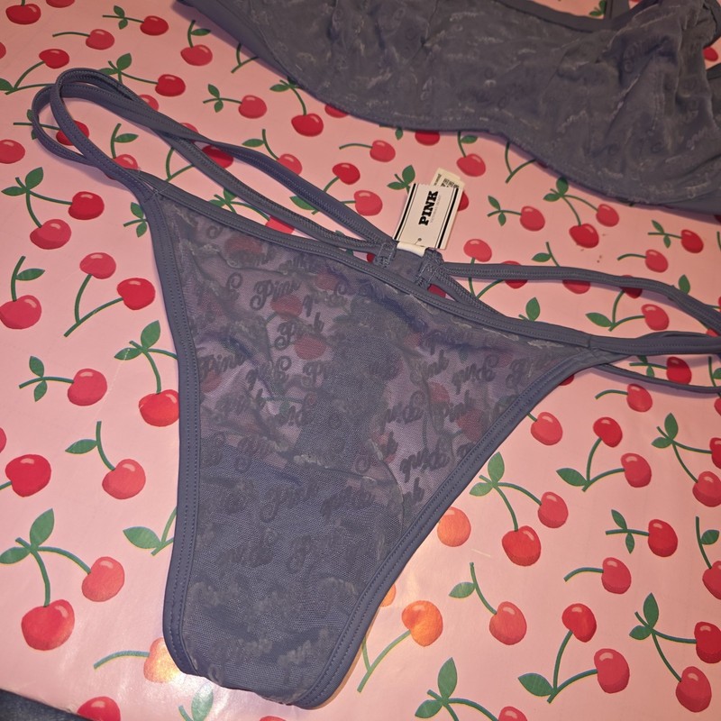 Victoria's Secret PINK Blue Mesh Logo Bra & Thong Set Unlined XXL NWT gallery
