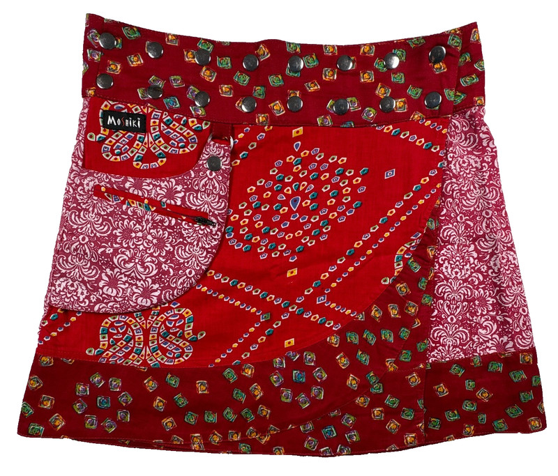 Moshiki Reversible Wrap Mini Skirt Adjustable Snap Waist Pocket Red Boho Print gallery