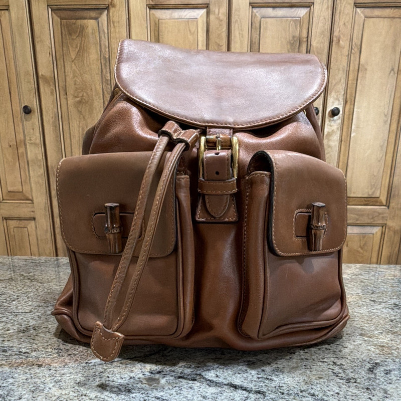 Gucci Vintage GG Drawstring Buckle Backpack Brown Gold, Inner Pockets