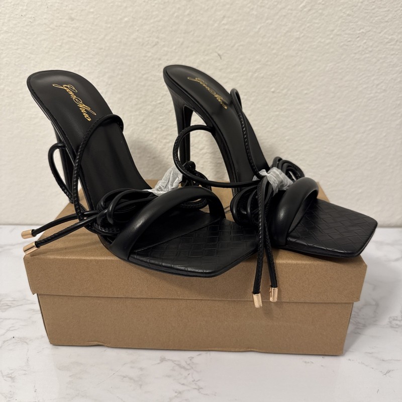 GENSHUO Lace Up Stiletto Sandals Women Size 9.5 Black Strappy Heels