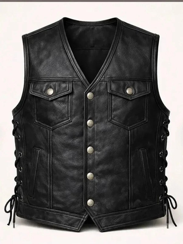 Men’s Black Leather Biker Vest Snap Button Motorcycle Waistcoat Lace Side Adjust