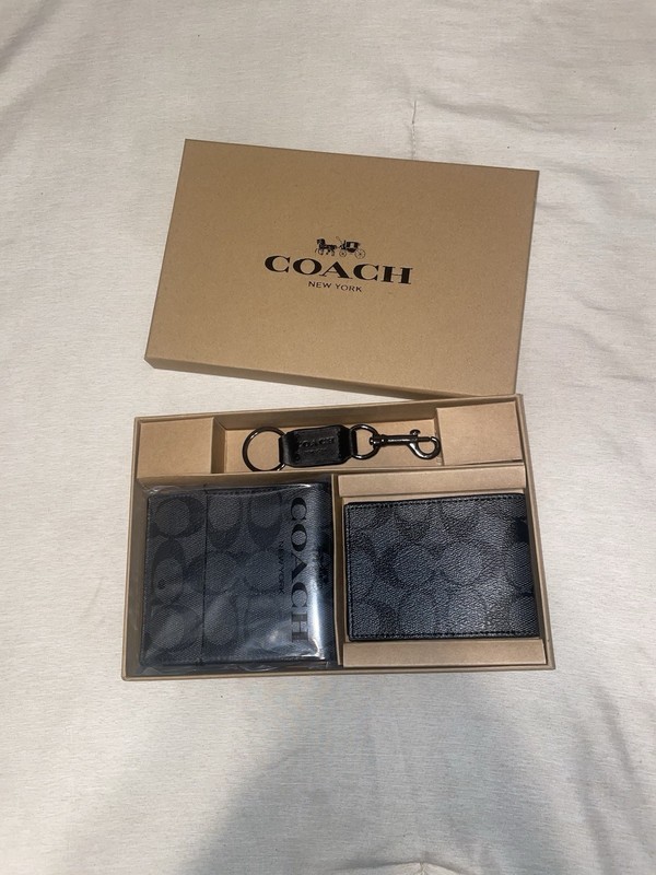 Coach Men's 3-in-1 Wallet Set Signature Black/Black/Oxblood NWT Box Included New