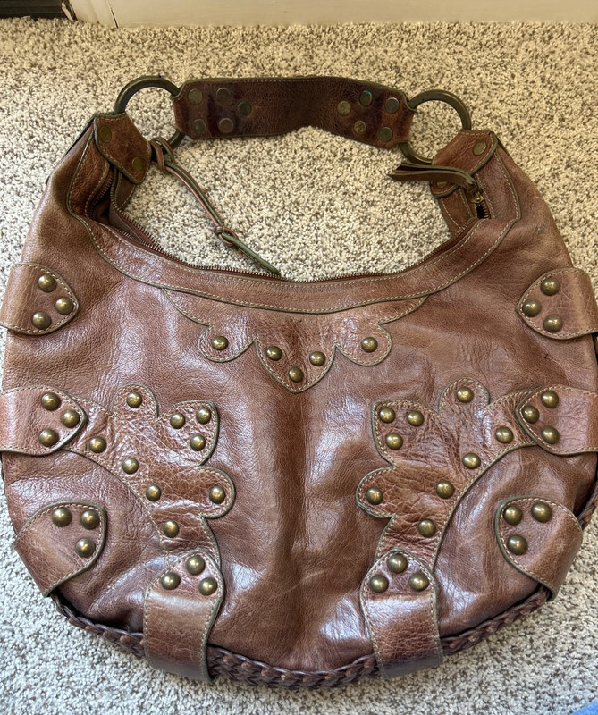 Isabella Fiore Brown Leather Metal Studded Large Hobo Handbag