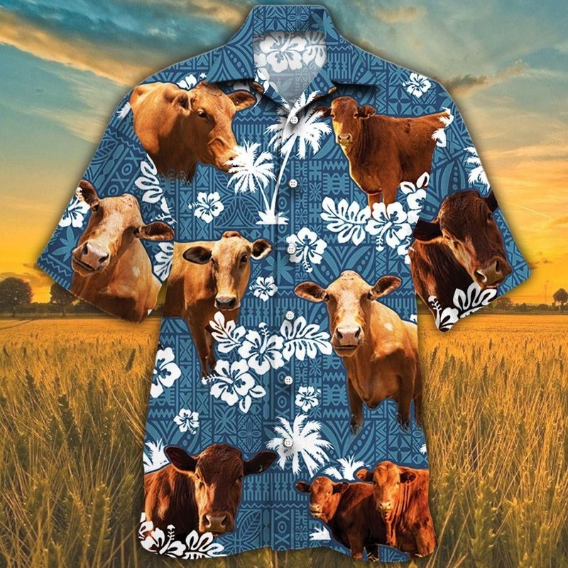 Beefmaster Cattle Lovers Blue Tribal Pattern Trendy Hawaiian Shirt, Cow Trendy