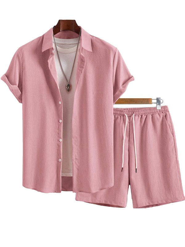 Men’s 2 Piece Summer Outfit Textured Short Sleeve Shirt & Drawstring Shorts Set