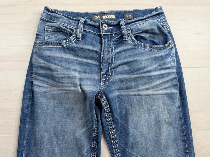 Buckle BKE Jake Jeans Boot Leg Medium Wash Stretch Whiskered Denim Mens 30x32 gallery