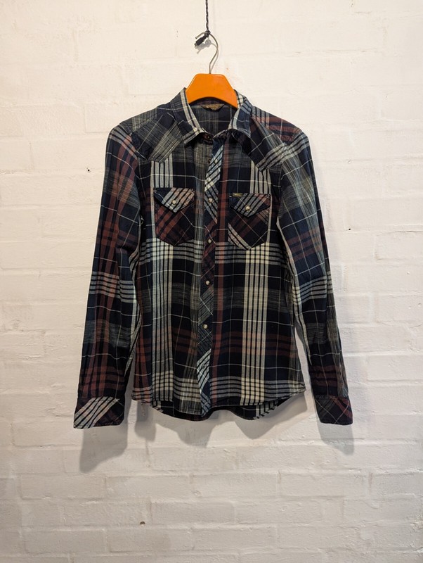 Diesel Western Shirt Snap Pearl Poppers brown Medium cowboy long sleeve