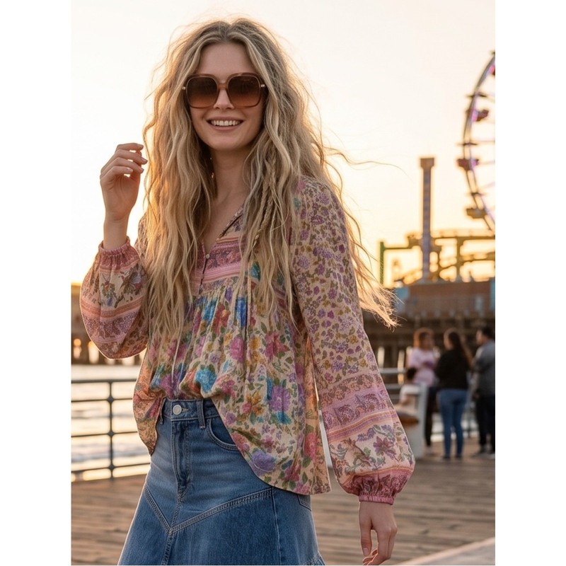 Spell Bohemian 70s Beachy Mossy Boho Blouse in Spring Garden Birds Size Small