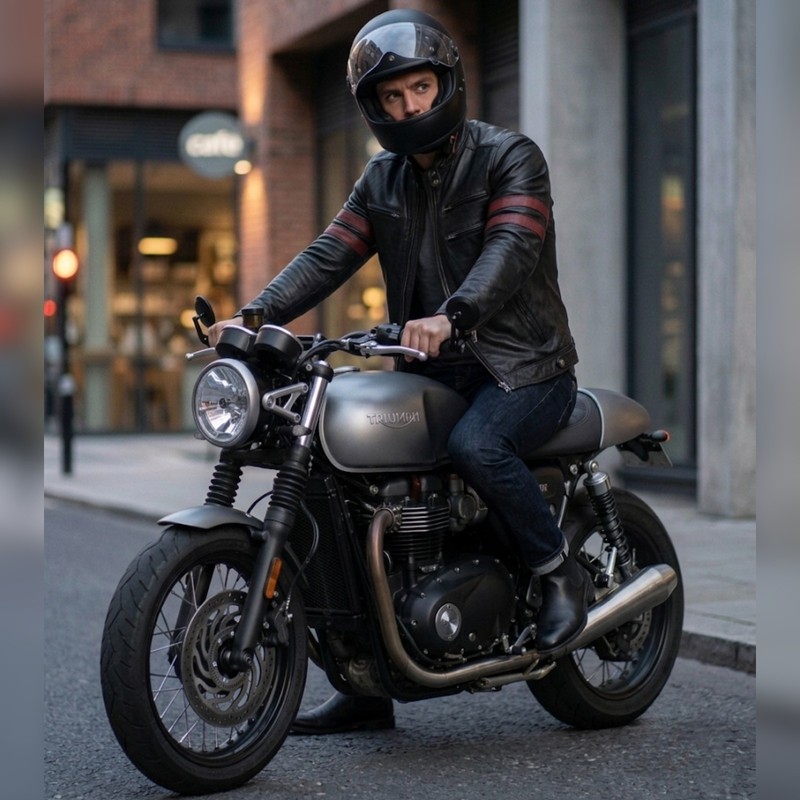 Men's Black Leather Biker Jacket Red Stripe Cafe Racer Moto Slim Fit Genuine gallery