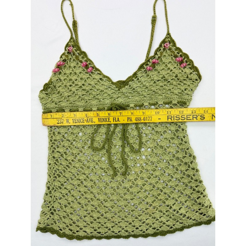 Vintage Sweater Project Green Crochet Camisole Top Y2K Floral Beaded Medium gallery