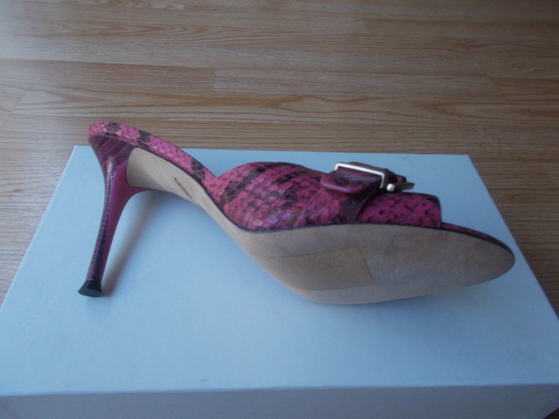 $295 Brian Atwood Maritima Snake Print Sandals Mules Pink Buckle Heels sz 8 NEW gallery