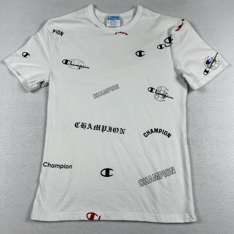 Champion All Over Logo Print Shirt Size Small Varying Logo Designs White