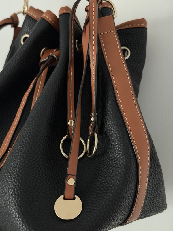 Dooney & Bourke Pebbled Bucket Drawstring Shoulder Bag Black/Brown Gold Lined gallery