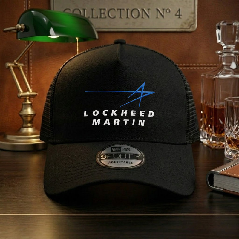 Lockheed Martin Embroidered Logo Black Trucker Hat Mesh Back Adjustable Cap
