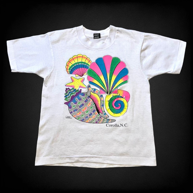 vintage 90s rainbow shell starfish glitter ocean beach kidcore graphic shirt XS