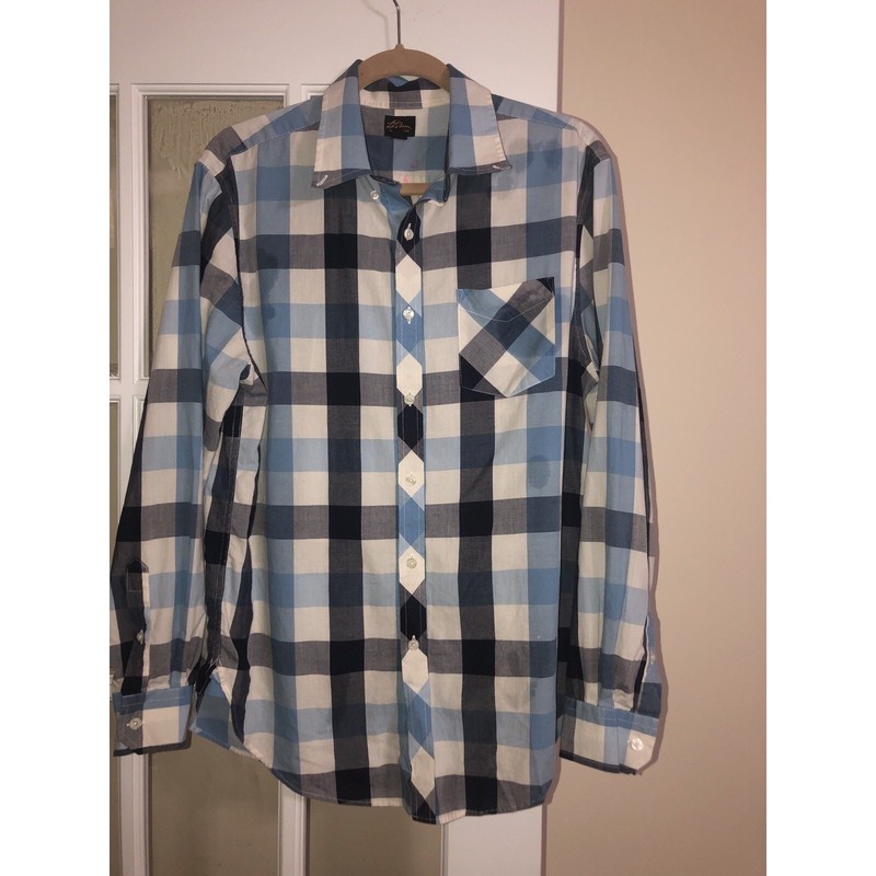 LL BEAN Mens MEDIUM Dark Light Blue Plaid Long Sleeve Button Down Cotton Shirt