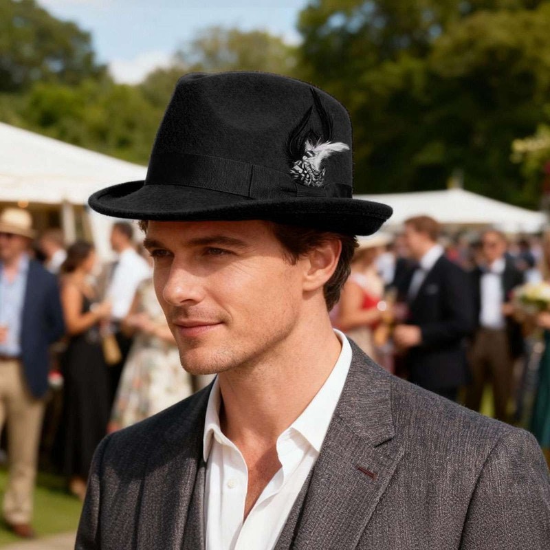 Classic Fedora Hats for Men Gentleman Short Brim Felt Feather Panama Dress Hat gallery