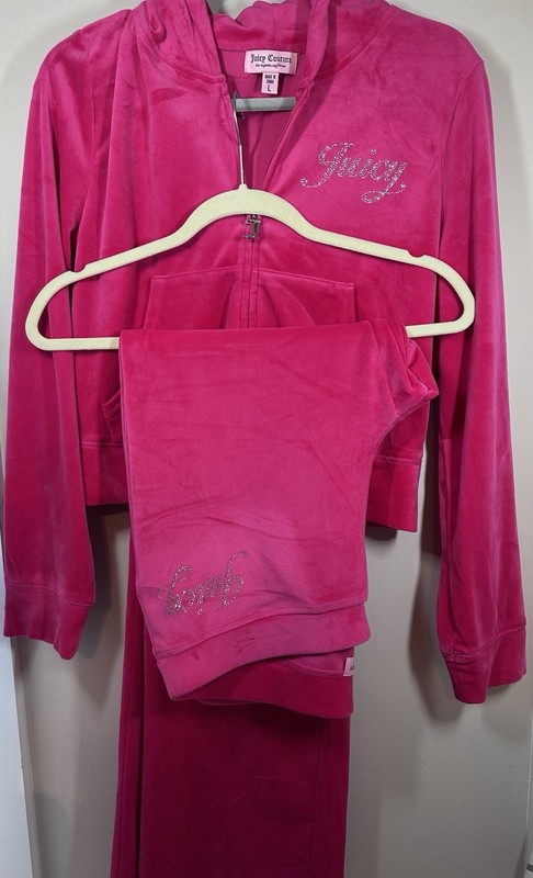 Juicy Couture Pink Velour 2-Piece Tracksuit Set Full Zip Hoodie & Pants L