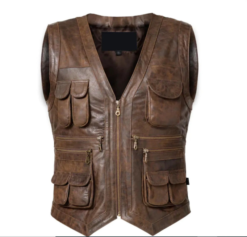 Mens Brown Leather Utility Vest Motorcycle Biker Cargo Multi Pocket Waistcoat