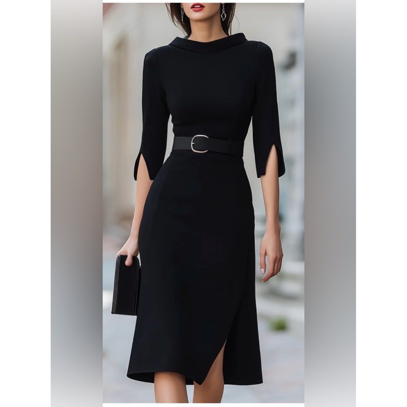 Mooyius Black Midi Dress Elegant Belted Split Sleeve Size M NWT