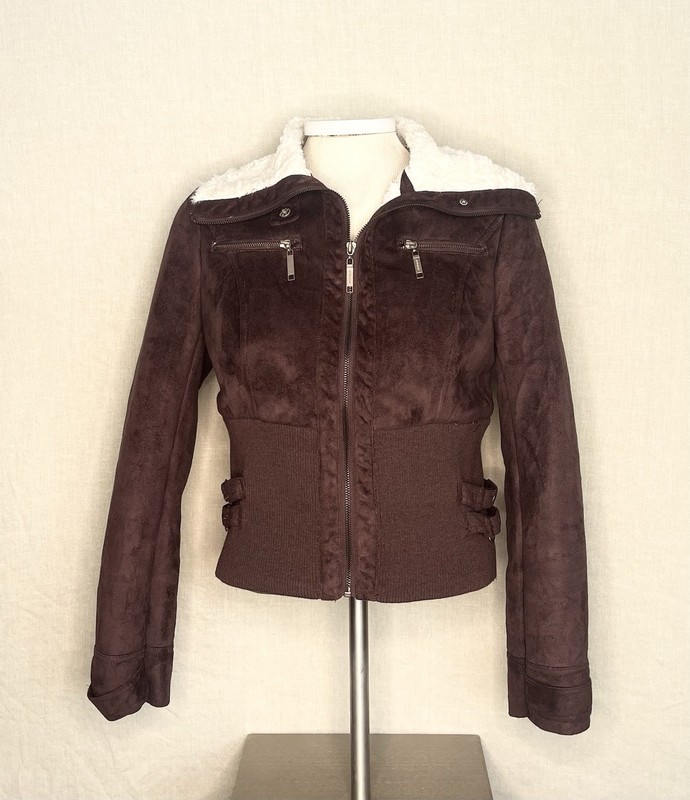JouJou Brown/Maroon Jacket Zip Front Faux Fur Lined Buckled Pockets Women M