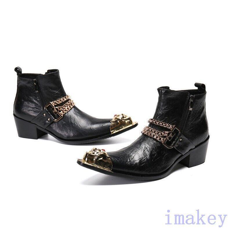 Mens Leather Ankle Boots Pointed Toe Chain Decor Nightclub Party Casual Shoes SZ gallery