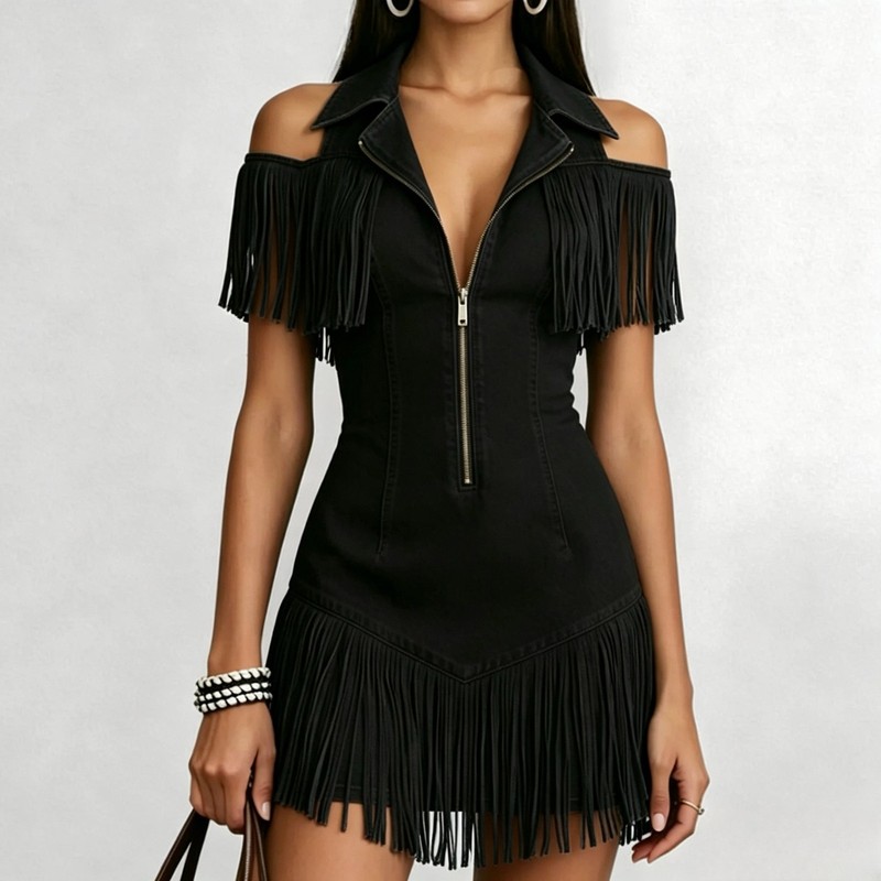 Womens Slim-Fit Western Cowboy Fringe Mini Dress