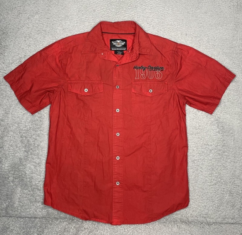 Harley Davidson Mens Medium Red Cotton Flame Embroidered 1903 Button Up Shirt